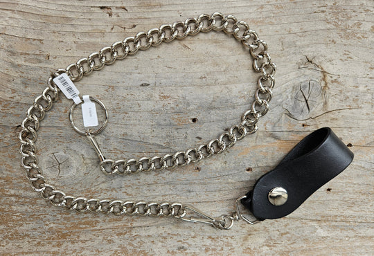 This Vintage style Steel Chain is Simple but Sturdy and will keep your wallet where it needs to be. The Leather loop attaches to your jeans and the split ring attaches to your wallet. Chrome plated. Ride down and get yours in our shop just outside Nashville in Smyrna, TN.

24" Chain Length