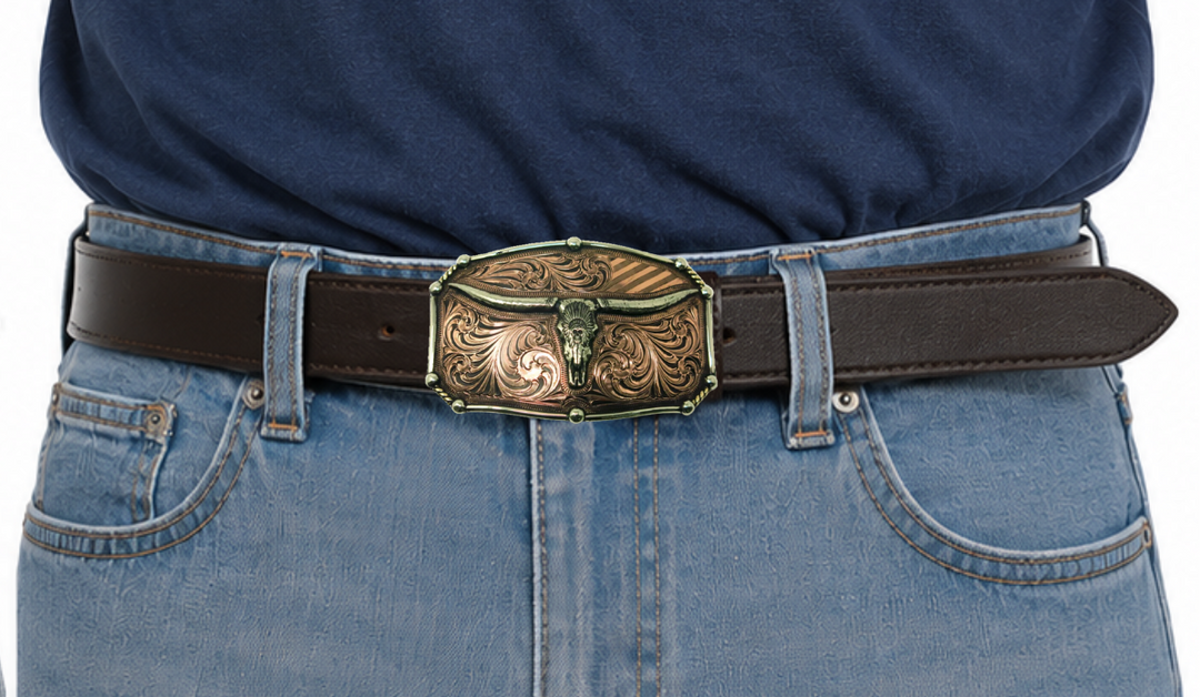The Chief Longhorn buckle  These buckles are made from German Silver (nickel and brass alloy) or iron metal base. Some buckles have motifs made of copper, iron or brass and some are adorned with synthetic stones. These are all handcrafted. Each piece is punched, cut, soldered, engraved, polished and painted by our talented metal workers.  Available in our Smyrna TN shop. Width 4.5” Height 3”
Fits Standard 1.5” belts
