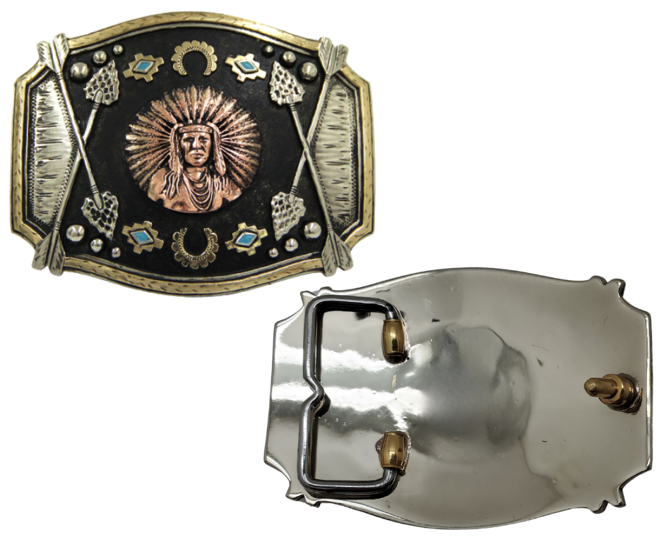 The Chief Red Arrow buckle is made from German Silver (nickel and brass alloy) or iron metal base. These buckles are all handcrafted and have motifs made of copper, iron or brass and some are adorned with synthetic stones. In order to give you the quality and long lasting final product&amp;nbsp; Finally Available at our Smyrna, TN shop just outside of Nashville.