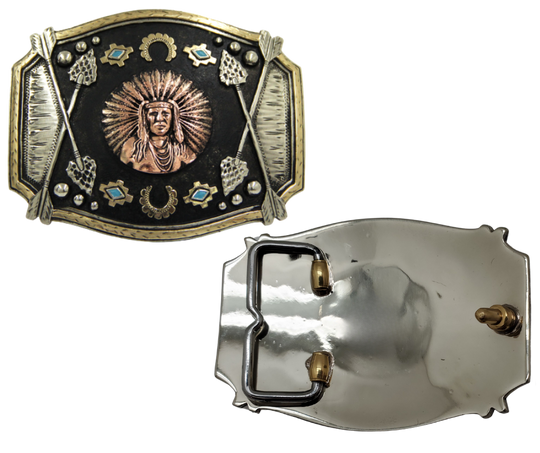 The Chief Red Arrow buckle is made from German Silver (nickel and brass alloy) or iron metal base. These buckles are all handcrafted and have motifs made of copper, iron or brass and some are adorned with synthetic stones. In order to give you the quality and long lasting final product&amp;nbsp; Finally Available at our Smyrna, TN shop just outside of Nashville.