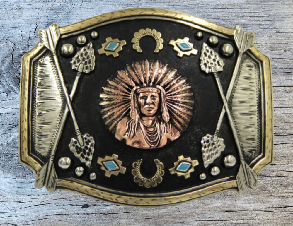 The Chief Red Arrow buckle is made from German Silver (nickel and brass alloy) or iron metal base. These buckles are all handcrafted and have motifs made of copper, iron or brass and some are adorned with synthetic stones. In order to give you the quality and long lasting final product&nbsp; Finally Available at our Smyrna, TN shop just outside of Nashville.