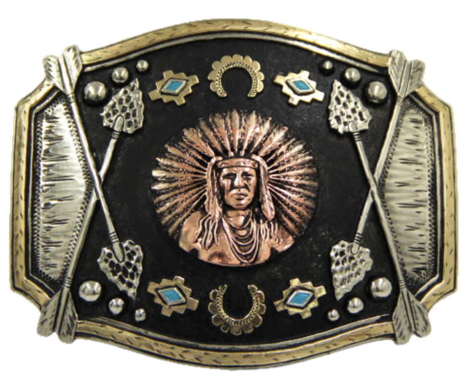 The Chief Red Arrow buckle is made from German Silver (nickel and brass alloy) or iron metal base. These buckles are all handcrafted and have motifs made of copper, iron or brass and some are adorned with synthetic stones. In order to give you the quality and long lasting final product&amp;nbsp; Finally Available at our Smyrna, TN shop just outside of Nashville.