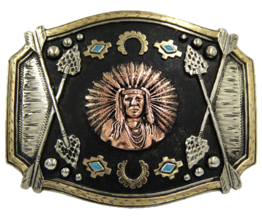 The Chief Red Arrow buckle is made from German Silver (nickel and brass alloy) or iron metal base. These buckles are all handcrafted and have motifs made of copper, iron or brass and some are adorned with synthetic stones. In order to give you the quality and long lasting final product&amp;nbsp; Finally Available at our Smyrna, TN shop just outside of Nashville.