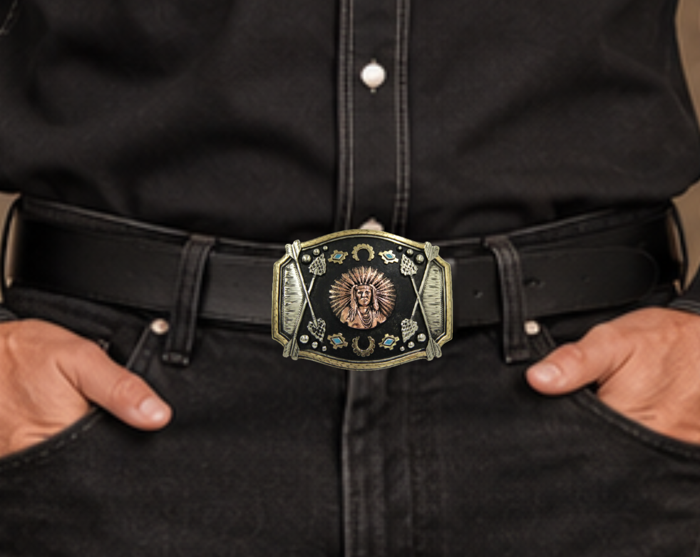 The Chief Red Arrow buckle is made from German Silver (nickel and brass alloy) or iron metal base. These buckles are all handcrafted and have motifs made of copper, iron or brass and some are adorned with synthetic stones. In order to give you the quality and long lasting final product&amp;nbsp; Finally Available at our Smyrna, TN shop just outside of Nashville.
