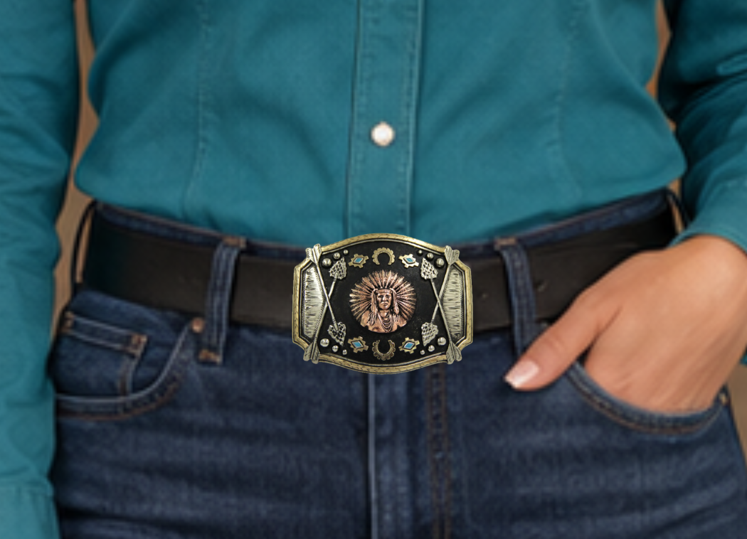 The Chief Red Arrow buckle is made from German Silver (nickel and brass alloy) or iron metal base. These buckles are all handcrafted and have motifs made of copper, iron or brass and some are adorned with synthetic stones. In order to give you the quality and long lasting final product&amp;nbsp; Finally Available at our Smyrna, TN shop just outside of Nashville.