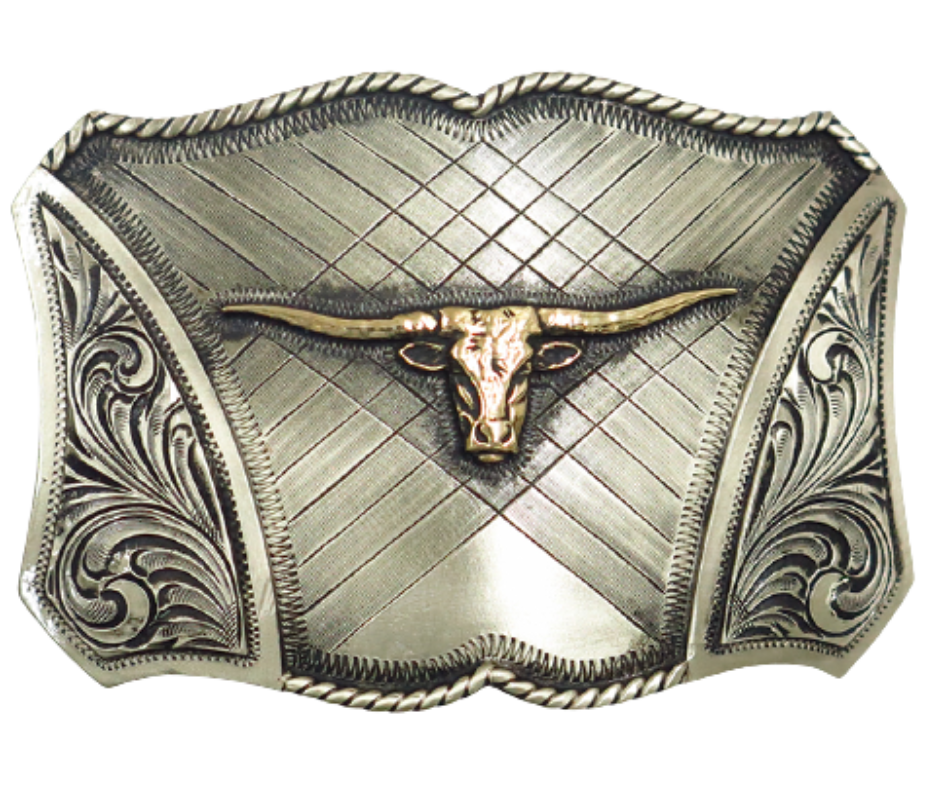 The Chisholm Trail buckle is made from German Silver (nickel and brass alloy) or iron metal base. Each piece is punched, cut, soldered, engraved, polished and painted by our talented metal workers.  Our products are all handcrafted. Finally each piece is covered with a heat sealed lacquer to ensure the piece's long lasting qualities. Available at our Smyrna, TN shop just outside of Nashville.
Approx. Width 4” Height 3”
Standard 1.5” belts