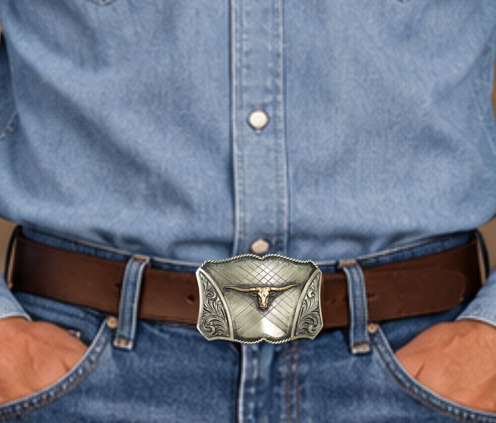 The Chisholm Trail buckle is made from German Silver (nickel and brass alloy) or iron metal base. Each piece is punched, cut, soldered, engraved, polished and painted by our talented metal workers.  Our products are all handcrafted. Finally each piece is covered with a heat sealed lacquer to ensure the piece's long lasting qualities. Available at our Smyrna, TN shop just outside of Nashville.
Approx. Width 4” Height 3”
Standard 1.5” belts