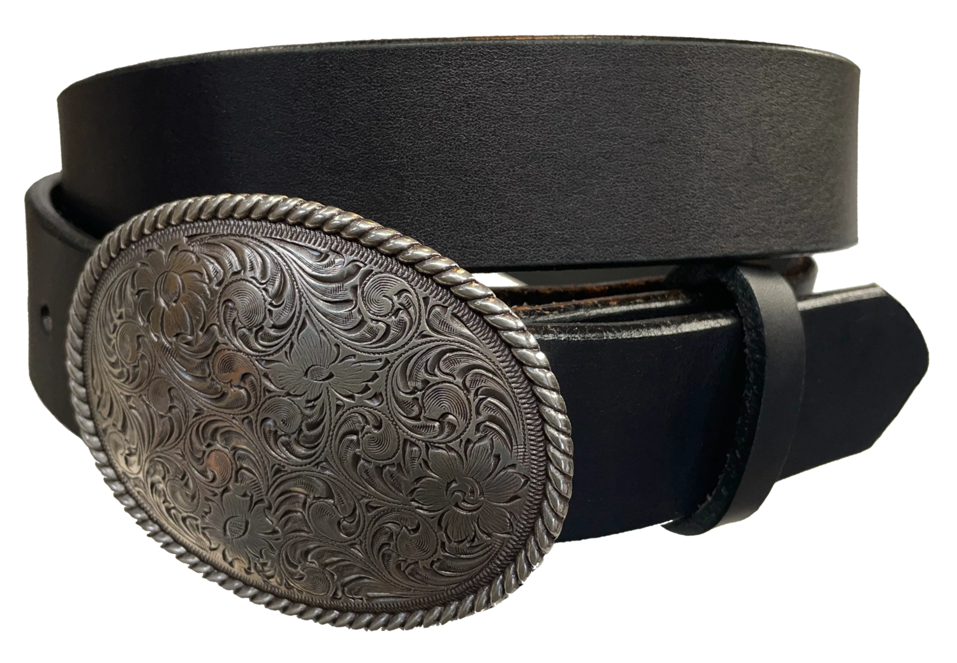 This oval shaped buckle has a rope design around the border. It is chrome colored with scroll design etched appearance on surface.  Measures 2 3/4" tall by 3 3/4" wide. Buckle is made in Taiwan. Belt is a solid strip of leather and made in our shop in Smyrna, TN, just outside Nashville. It is 1 1/2" wide and available in sizes 34"-44" and colors distressed brown, black, and dark brown.  It is available for purchase in our retail shop and online store. Distressed brown.