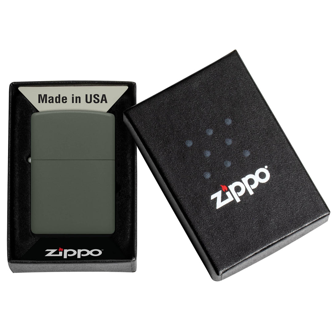 Grab this classic Army green matte windproof lighter, with a lasered hinge and bottom stamp. All metal construction; windproof design works virtually anywhere. Refillable for a lifetime of use. Comes packaged in a gift box. Available in our Smyrna, TN shop.

Made in USA
Fuel: Zippo lighter fuel (sold separately)
Lighter Specs: Height: 2.25" Width: 0.5" Depth: 1.5" Weight: 2.0 oz
Lifetime guarantee that "it works or we fix it free™" Zippo contact info on gift box.