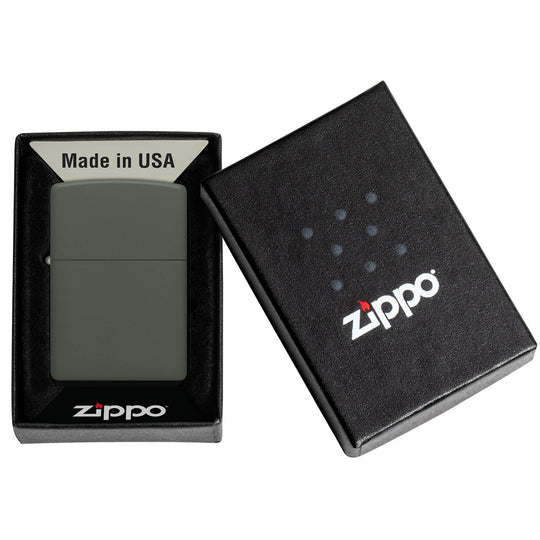 Grab this classic Army green matte windproof lighter, with a lasered hinge and bottom stamp. All metal construction; windproof design works virtually anywhere. Refillable for a lifetime of use. Comes packaged in a gift box. Available in our Smyrna, TN shop.

Made in USA
Fuel: Zippo lighter fuel (sold separately)
Lighter Specs: Height: 2.25" Width: 0.5" Depth: 1.5" Weight: 2.0 oz
Lifetime guarantee that "it works or we fix it free™" Zippo contact info on gift box.