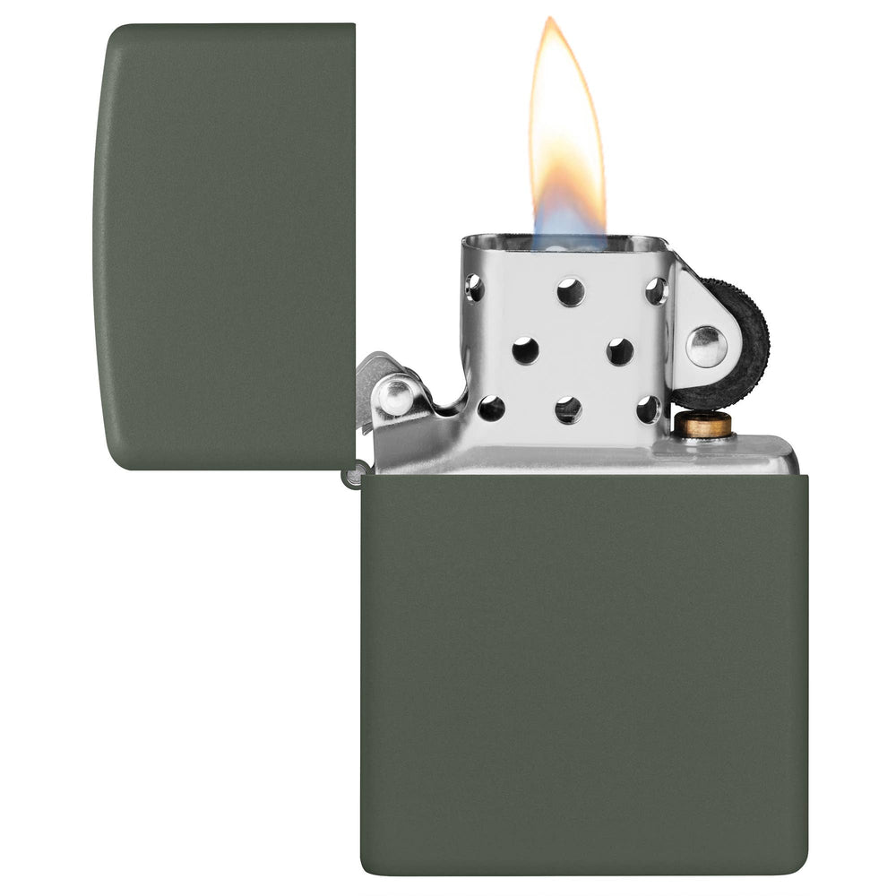 Grab this classic Army green matte windproof lighter, with a lasered hinge and bottom stamp. All metal construction; windproof design works virtually anywhere. Refillable for a lifetime of use. Comes packaged in a gift box. Available in our Smyrna, TN shop.

Made in USA
Fuel: Zippo lighter fuel (sold separately)
Lighter Specs: Height: 2.25" Width: 0.5" Depth: 1.5" Weight: 2.0 oz
Lifetime guarantee that "it works or we fix it free™" Zippo contact info on gift box.