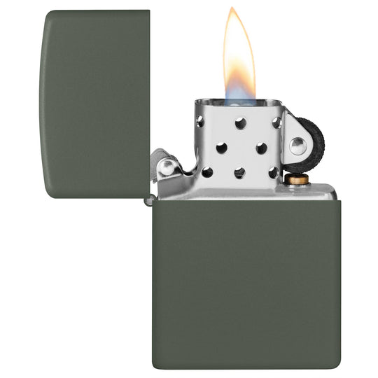 Grab this classic Army green matte windproof lighter, with a lasered hinge and bottom stamp. All metal construction; windproof design works virtually anywhere. Refillable for a lifetime of use. Comes packaged in a gift box. Available in our Smyrna, TN shop.

Made in USA
Fuel: Zippo lighter fuel (sold separately)
Lighter Specs: Height: 2.25" Width: 0.5" Depth: 1.5" Weight: 2.0 oz
Lifetime guarantee that "it works or we fix it free™" Zippo contact info on gift box.