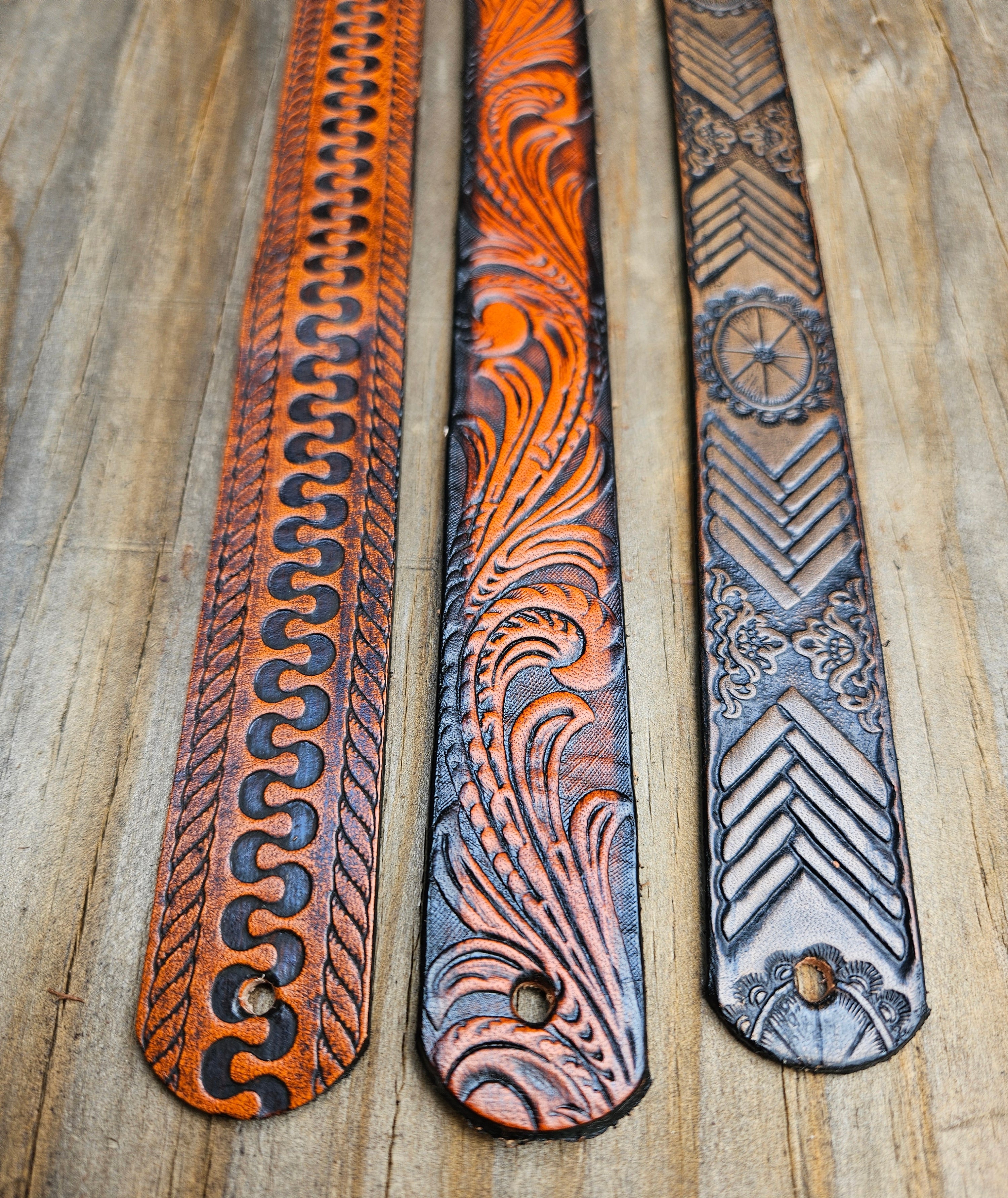 Classic Western Styled, embossed pattern leather hatbands that are 1" wide fitting up to size 7 1/2 hat. Fit's most any hat with adjustable bead and leather 1/8" string. Will fit most WESTERN crowned hats. Made in our Smyrna, TN. shop a short drive from downtown Nashville, TN.

These are random hatbands made in store and we put them in a 3 packs at a Discounted price. See the others
23" long (without tie string)
NO subs.