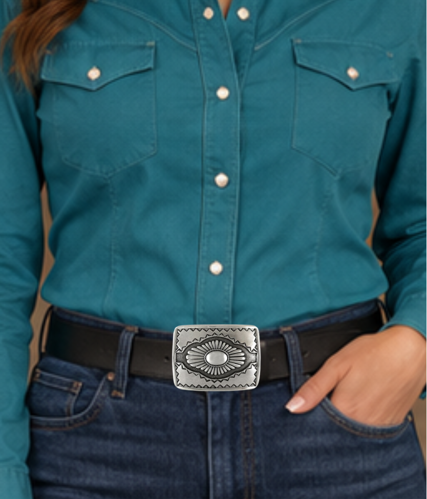 Spice up your style with the "Cody" Buckle! This versatile 3 1/4" x 2 1/2" beauty plays well with countless fashion combos, not just your trusty jeans and belt duo (though that's always a winner). The Antique Silver finish adds that perfect touch of Southwestern flair to any outfit. Curious? Swing by our Smyrna, TN shop and see one for yourself.