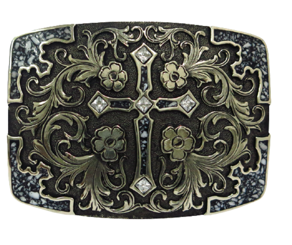 The Cowboy Church buckle is made from German Silver (nickel and brass alloy) or iron metal base. Each piece is punched, cut, soldered, engraved, polished and painted by our talented metal workers. Finally each piece is covered with a heat sealed lacquer to ensure the piece's long lasting qualities. Available at our Smyrna, TN shop just outside of Nashville. Approx. 4” x 3" Standard 1.5” belts