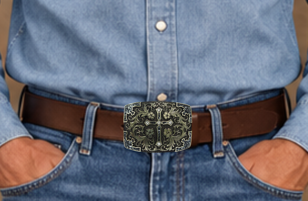 The Cowboy Church buckle is made from German Silver (nickel and brass alloy) or iron metal base. Each piece is punched, cut, soldered, engraved, polished and painted by our talented metal workers. Finally each piece is covered with a heat sealed lacquer to ensure the piece's long lasting qualities. Available at our Smyrna, TN shop just outside of Nashville. Approx. 4” x 3" Standard 1.5” belts