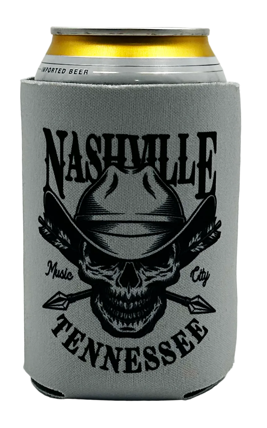 Cowboy Skull Nashville Can Cooler. These can coolers fit most 12 oz. cans and bottles and are made with polyurethane foam for premium insulation. Sublimation screen printing methods to imprint the design for the best results. Part of our Home collection at our Smyrna, TN shop.

Collapsible
