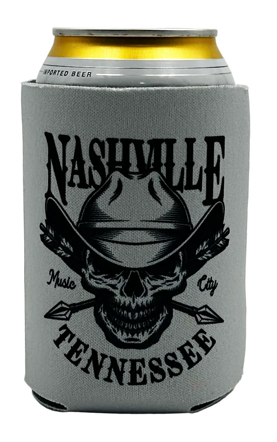 Cowboy Skull Nashville Can Cooler. These can coolers fit most 12 oz. cans and bottles and are made with polyurethane foam for premium insulation. Sublimation screen printing methods to imprint the design for the best results. Part of our Home collection at our Smyrna, TN shop.

Collapsible