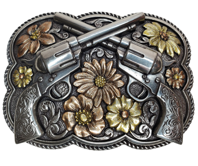 Annie Oakley would've worn this, if it was a option. Two six shooters, some Flowers in  copper and brass colors complimented by a rope design around the border all wrapped in a Antique finish. Measures approx. 3" tall by 4" wide and fits belts up to 1 1/2" wide.  It is available for purchase in our retail shop in Smyrna, TN, just outside Nashville. 