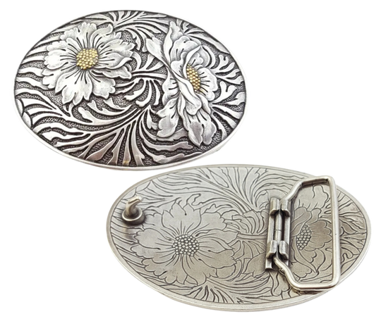 The "Sunshine" buckle features an oval design adorned with charming western-style flowers. It fits a standard 1 1/2" belt and showcases a dark antique and silver finish, with golden highlights at the heart of each flower. Measuring about 2 1/2" by 3 3/4", this buckle brings a sunny touch to your outfit. Grab yours online or visit us in Smyrna, TN, just a stone’s throw from Nashville!