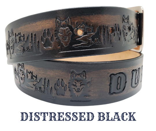 Wolves are mysterious animals being a Loner or in a pack. Were giving a nod to the well known movie with our Dancin Wolves Hand finished and crafted from thick, veg-tan cowhide at our workshop in Smyrna, TN not from the heart of Nashville, this belt is sure to leave a lasting impression. And with an adjustable 1 1/2" width, a quick and easy buckle change-out is never out of the question!&nbsp;