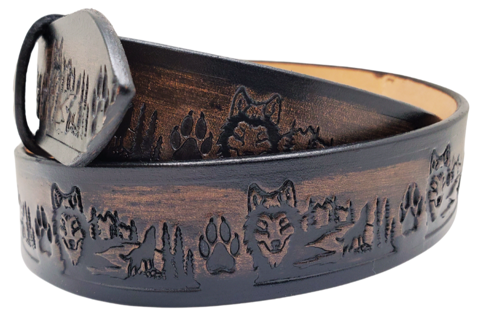 Wolves are mysterious animals being a Loner or in a pack. Were giving a nod to the well known movie with our Dancin Wolves Hand finished and crafted from thick, veg-tan cowhide at our workshop in Smyrna, TN not from the heart of Nashville, this belt is sure to leave a lasting impression. And with an adjustable 1 1/2" width, a quick and easy buckle change-out is never out of the question!&nbsp;