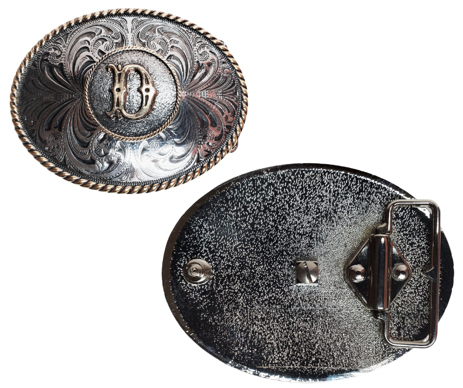 The Initial Western buckle with a scroll background a rope border on a oval shape. Perfect for 1 1/2" Brown or Black belts with it's Antiqued Silver/Brass appearance. Buckle size is approx. 3" x 4" that makes it great for most body styles. Available in our Smyrna, TN shop a short drive from Nashville.