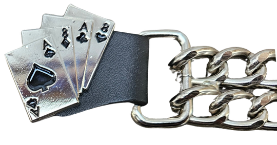 Vest Chains...a great accessory for your vest. Sure they look great but they offer some great options for your riding. In our experience most folks will use at least 2 but some will go with more, it's your choice. These options are the basic chrome plated double chain with leather ends (with exception of Single Chain). The average length is approx. 4"- 4 1/2" long. Snaps are attached with a leather folded part. Please note the ladies vests snap opposite side to the men. Each Sold Individually. 