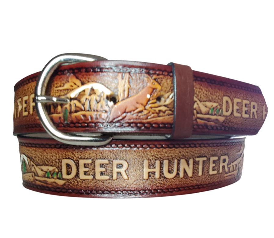 The Deer Hunter leather belt is the true Hunters Pattern with Brown Antiqued finish. Available in a 1 1/2" width. Full grain vegetable tanned cowhide, Width 1 1/2" and includes Nickle plated  buckle Smooth burnished painted edges. Made in USA! Buckle snaps in place for easy changing if desired. In stock at our Smyrna, TN shop.
