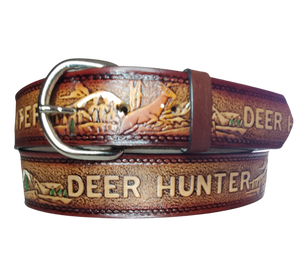 The Deer Hunter leather belt is the true Hunters Pattern with Brown Antiqued finish. Available in a 1 1/2" width. Full grain vegetable tanned cowhide, Width 1 1/2" and includes Nickle plated  buckle Smooth burnished painted edges. Made in USA! Buckle snaps in place for easy changing if desired. In stock at our Smyrna, TN shop.