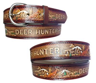 The Deer Hunter leather belt is the true Hunters Pattern with Brown Antiqued finish. Available in a 1 1/2" width. Full grain vegetable tanned cowhide, Width 1 1/2" and includes Nickle plated  buckle Smooth burnished painted edges. Made in USA! Buckle snaps in place for easy changing if desired. In stock at our Smyrna, TN shop.