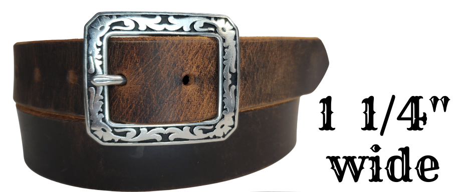 This handmade, real leather belt starts with a black drum dyed (colored all the way through) or the Distressed Brown. It's comes with a square Western themed buckle that is snapped in for easy removal.   It is made in our Smyrna, TN shop, which is located just outside of Nashville.  It is 1 1/4" wide and available in sizes 34" to 44".  Please see the sizing instructions to make sure you have the best fit. 
