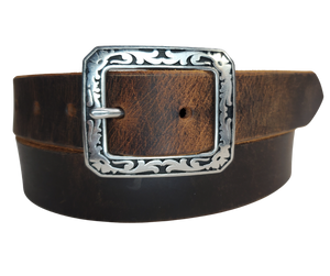 This handmade, real leather belt starts with a black drum dyed (colored all the way through) or the Distressed Brown. It's comes with a square Western themed buckle that is snapped in for easy removal.   It is made in our Smyrna, TN shop, which is located just outside of Nashville.  It is 1 1/4" wide and available in sizes 34" to 44".  Please see the sizing instructions to make sure you have the best fit. 
