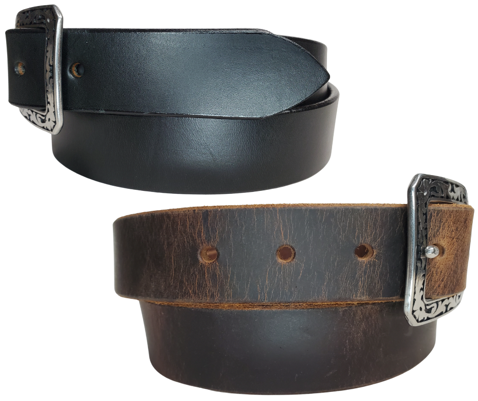 This handmade, real leather belt starts with a black drum dyed (colored all the way through) or the Distressed Brown. It's comes with a square Western themed buckle that is snapped in for easy removal.   It is made in our Smyrna, TN shop, which is located just outside of Nashville.  It is 1 1/4" wide and available in sizes 34" to 44".  Please see the sizing instructions to make sure you have the best fit. 