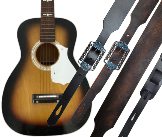 Great Musicians, Singers and great songs have been a staple for years in Nashville. Be on your way starting your journey with this 1 3/4"main Body of the Guitar strap is approx. 1/8" thick tapered front with a Southwesty 1" buckle. Choose Black or Distressed brown. The classic adjustment style goes from approx. 42" to 56" at it's longest . Made just outside Nashville in our Smyrna, TN. shop. It will need a bit of time to "break in" but will get a great patina over time. 