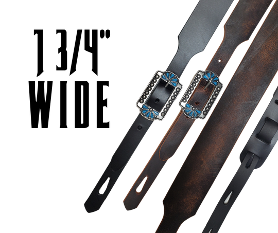 Great Musicians, Singers and great songs have been a staple for years in Nashville. Be on your way starting your journey with this 1 3/4"main Body of the Guitar strap is approx. 1/8" thick tapered front with a Southwesty 1" buckle. Choose Black or Distressed brown. The classic adjustment style goes from approx. 42" to 56" at it's longest . Made just outside Nashville in our Smyrna, TN. shop. It will need a bit of time to "break in" but will get a great patina over time. 