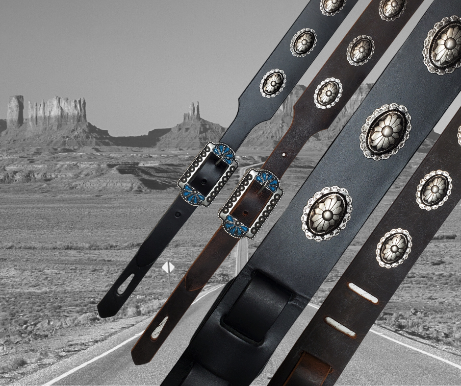 Great Musicians, Singers and great songs have been a staple for years in Nashville. Be on your way starting your journey with this 1 3/4"main Body of the Guitar strap is approx. 1/8" thick tapered front with a Southwesty 1" buckle. ADD Conchos to dress it up even more. Choose Black or Distressed brown. The classic adjustment style goes from approx. 42" to 56" at it's longest . Made just outside Nashville in our Smyrna, TN. shop. 