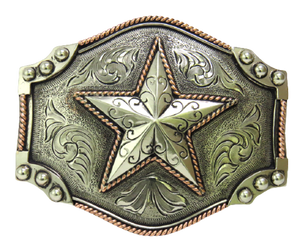 The Desert Star buckle is made from German Silver (nickel and brass alloy) or iron metal base. Each piece is punched, cut, soldered, engraved, polished and painted by our talented metal workers.  Our products are all handcrafted.  Finally each piece is covered with a heat sealed lacquer to ensure the piece's long lasting qualities. Available at our Smyrna, TN shop just outside of Nashville.