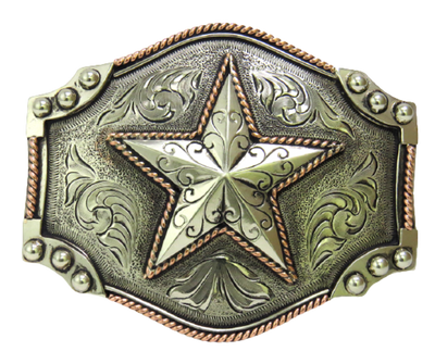 The Desert Star buckle is made from German Silver (nickel and brass alloy) or iron metal base. Each piece is punched, cut, soldered, engraved, polished and painted by our talented metal workers.  Our products are all handcrafted.  Finally each piece is covered with a heat sealed lacquer to ensure the piece's long lasting qualities. Available at our Smyrna, TN shop just outside of Nashville.