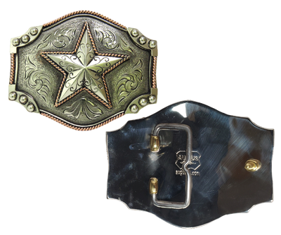The Desert Star buckle is made from German Silver (nickel and brass alloy) or iron metal base. Each piece is punched, cut, soldered, engraved, polished and painted by our talented metal workers.  Our products are all handcrafted.  Finally each piece is covered with a heat sealed lacquer to ensure the piece's long lasting qualities. Available at our Smyrna, TN shop just outside of Nashville.