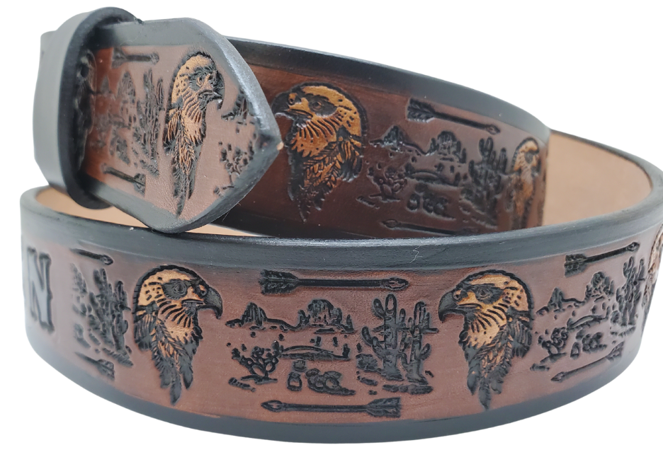 We are fond of the Southwest and it shows with The "Desert Arrows" Name Belt. Each belt features a unique hand-stained strip of vegetable tanned leather in a popular 1 1/2" width. The antique nickel finish solid brass buckle can be effortlessly swapped out. Crafted by hand at our Smyrna, Tennessee shop, just a stone's throw away from Nashville.