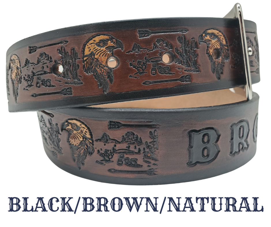 We are fond of the Southwest and it shows with The "Desert Arrows" Name Belt. Each belt features a unique hand-stained strip of vegetable tanned leather in a popular 1 1/2" width. The antique nickel finish solid brass buckle can be effortlessly swapped out. Crafted by hand at our Smyrna, Tennessee shop, just a stone's throw away from Nashville.