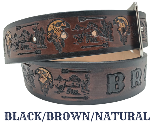 We are fond of the Southwest and it shows with The "Desert Arrows" Name Belt. Each belt features a unique hand-stained strip of vegetable tanned leather in a popular 1 1/2" width. The antique nickel finish solid brass buckle can be effortlessly swapped out. Crafted by hand at our Smyrna, Tennessee shop, just a stone's throw away from Nashville.