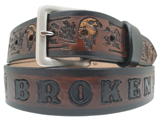 We are fond of the Southwest and it shows with The "Desert Arrows" Name Belt. Each belt features a unique hand-stained strip of vegetable tanned leather in a popular 1 1/2" width. The antique nickel finish solid brass buckle can be effortlessly swapped out. Crafted by hand at our Smyrna, Tennessee shop, just a stone's throw away from Nashville.