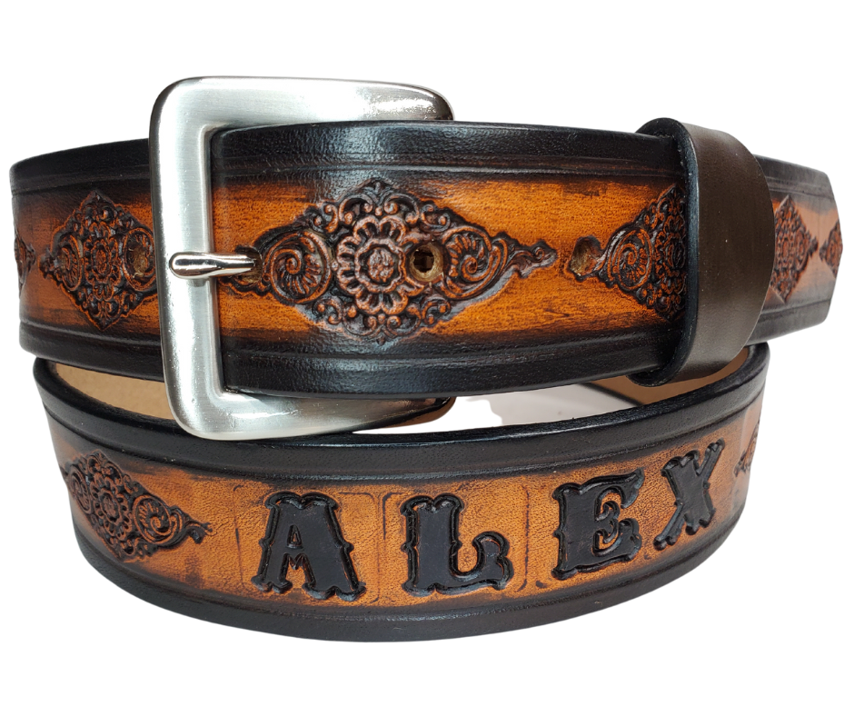 Be bold and daring with this 1 1/2" belt! Featuring an intricately crafted Diamonds pattern from full grain American vegetable tanned cowhide, an antique nickle plated solid brass buckle, and smooth, burnished painted edges, it's sure to make a statement. Customize it with a maximum of 10 letters for a truly unique look. Effortlessly change the buckle snap if desired. Handcrafted in our Smyrna, TN, USA shop, a short drive from downtown Nashville.