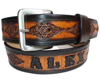 Be bold and daring with this 1 1/2" belt! Featuring an intricately crafted Diamonds pattern from full grain American vegetable tanned cowhide, an antique nickle plated solid brass buckle, and smooth, burnished painted edges, it's sure to make a statement. Customize it with a maximum of 10 letters for a truly unique look. Effortlessly change the buckle snap if desired. Handcrafted in our Smyrna, TN, USA shop, a short drive from downtown Nashville.