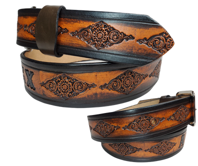 Be bold and daring with this 1 1/2" belt! Featuring an intricately crafted Diamonds pattern from full grain American vegetable tanned cowhide, an antique nickle plated solid brass buckle, and smooth, burnished painted edges, it's sure to make a statement. Customize it with a maximum of 10 letters for a truly unique look. Effortlessly change the buckle snap if desired. Handcrafted in our Smyrna, TN, USA shop, a short drive from downtown Nashville.