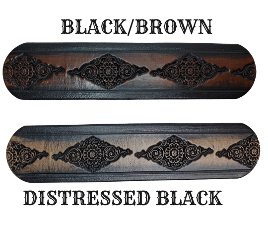 Be bold and daring with this 1 1/2" belt! Featuring an intricately crafted Diamonds pattern from full grain American vegetable tanned cowhide, an antique nickle plated solid brass buckle, and smooth, burnished painted edges, it's sure to make a statement. Customize it with a maximum of 10 letters for a truly unique look. Effortlessly change the buckle snap if desired. Handcrafted in our Smyrna, TN, USA shop, a short drive from downtown Nashville.