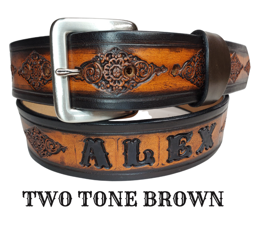 Be bold and daring with this 1 1/2" belt! Featuring an intricately crafted Diamonds pattern from full grain American vegetable tanned cowhide, an antique nickle plated solid brass buckle, and smooth, burnished painted edges, it's sure to make a statement. Customize it with a maximum of 10 letters for a truly unique look. Effortlessly change the buckle snap if desired. Handcrafted in our Smyrna, TN, USA shop, a short drive from downtown Nashville.