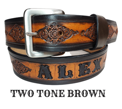 Be bold and daring with this 1 1/2" belt! Featuring an intricately crafted Diamonds pattern from full grain American vegetable tanned cowhide, an antique nickle plated solid brass buckle, and smooth, burnished painted edges, it's sure to make a statement. Customize it with a maximum of 10 letters for a truly unique look. Effortlessly change the buckle snap if desired. Handcrafted in our Smyrna, TN, USA shop, a short drive from downtown Nashville.